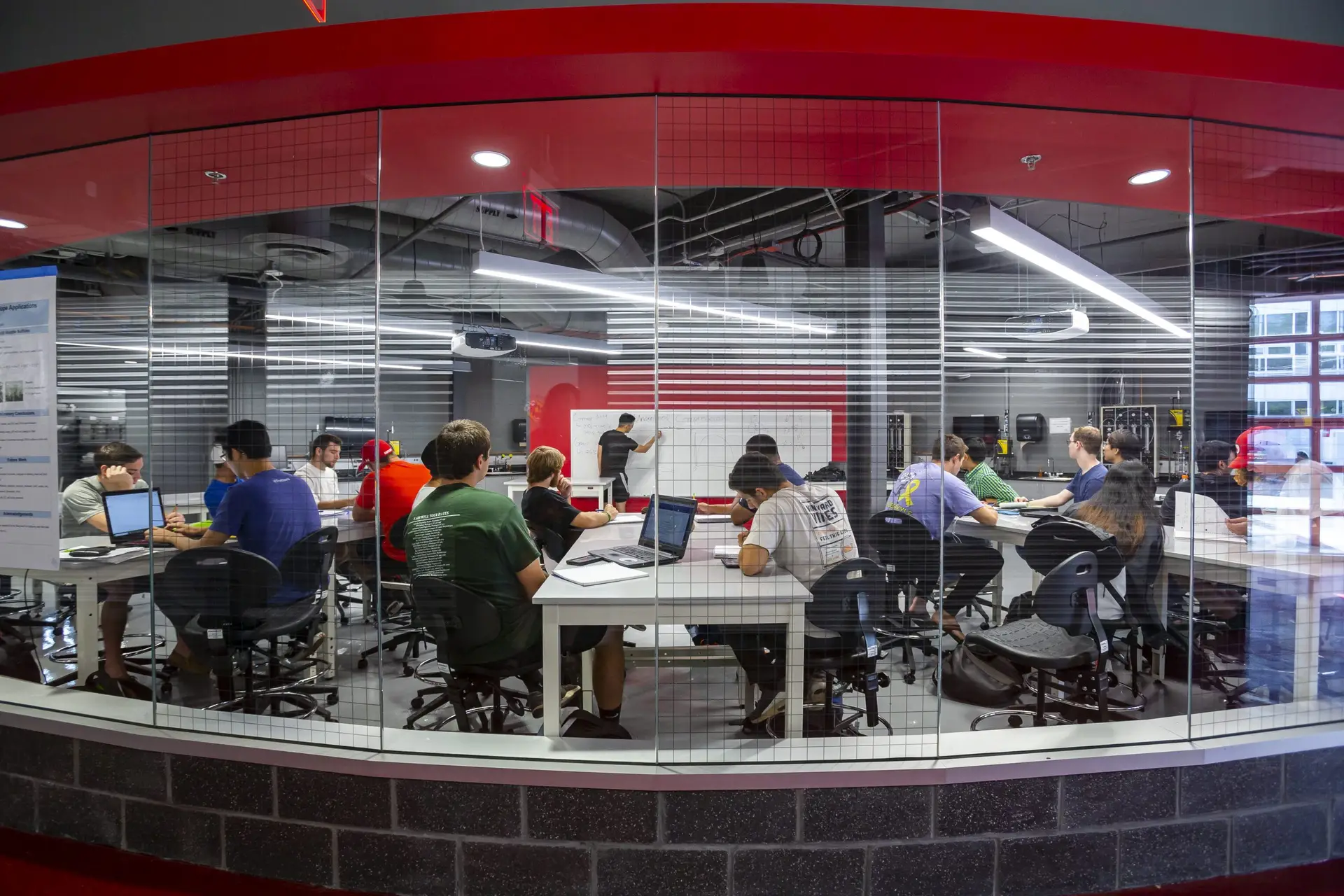 Students working in the Richard Vogel Materials and Soils Testing Laboratory, part of the new Whiting-Turner Infrastructure Engineering Laboratories.